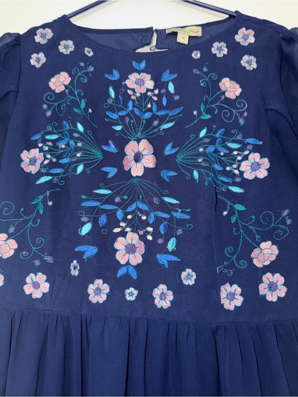 Frack and Frill Navy Blue Embroidered Floral Dress Size 14 Cottagecore Boho - Picture 3 of 8